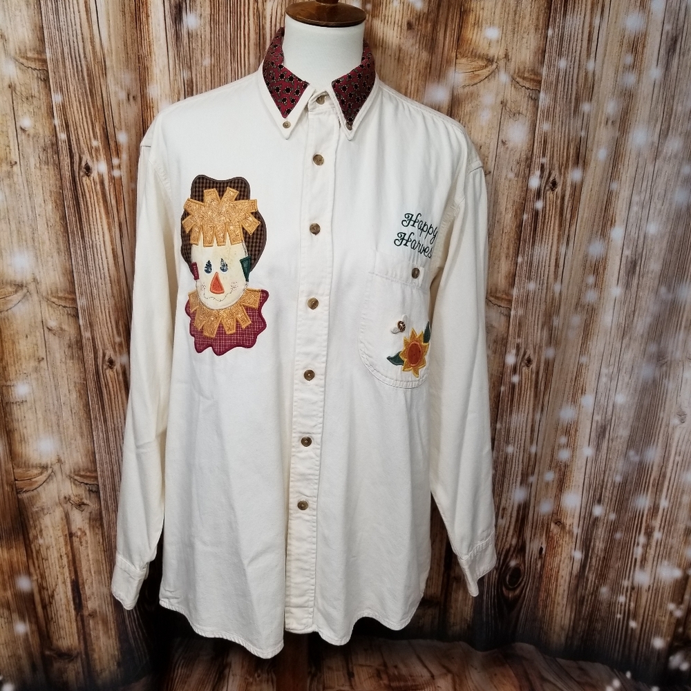 Three Rivers Happy Harvest Patch Embroidered Women's Long Sleeve Button-Up Shirt